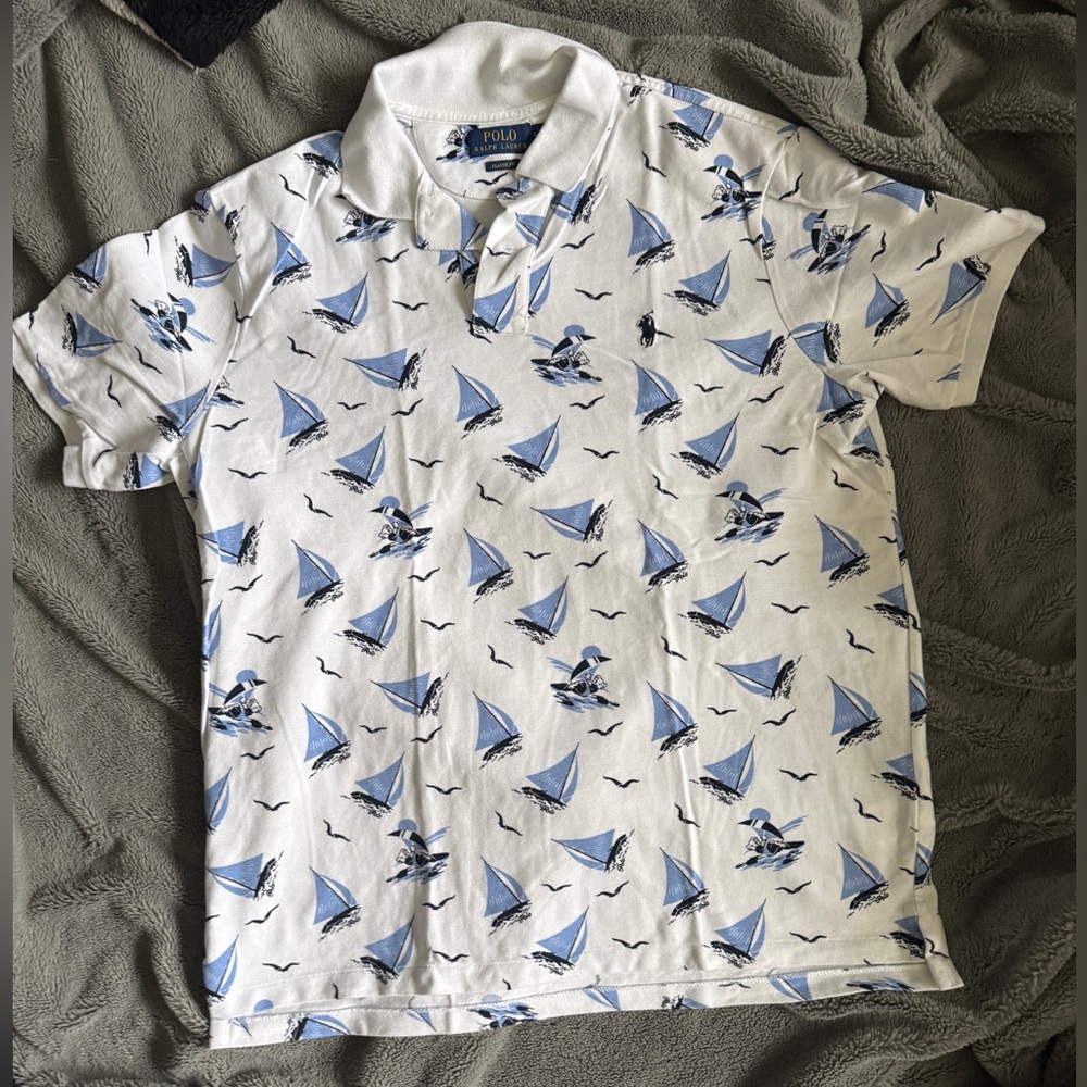 Polo by Ralph Lauren Men’s' White and Blue Nautical Polo
